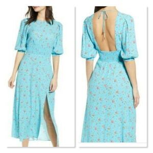 AFRM Smocked-Waist Open-Back Floral Midi Dress size Small in Blue - NEW